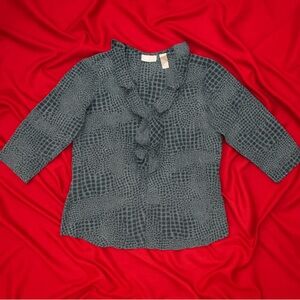 Liz Claiborne Top Women’s Size 12 Gray/black, Ruffles, Hidden Button 3/4 Sleeves